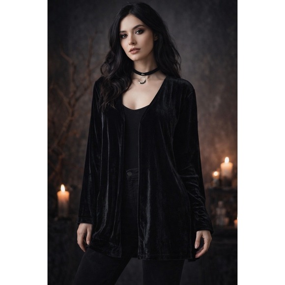 My Michelle Sweaters - Vintage 90s Velvet Velour Cardigan Women L Black Goth Witchy Y2K Open Front Dark